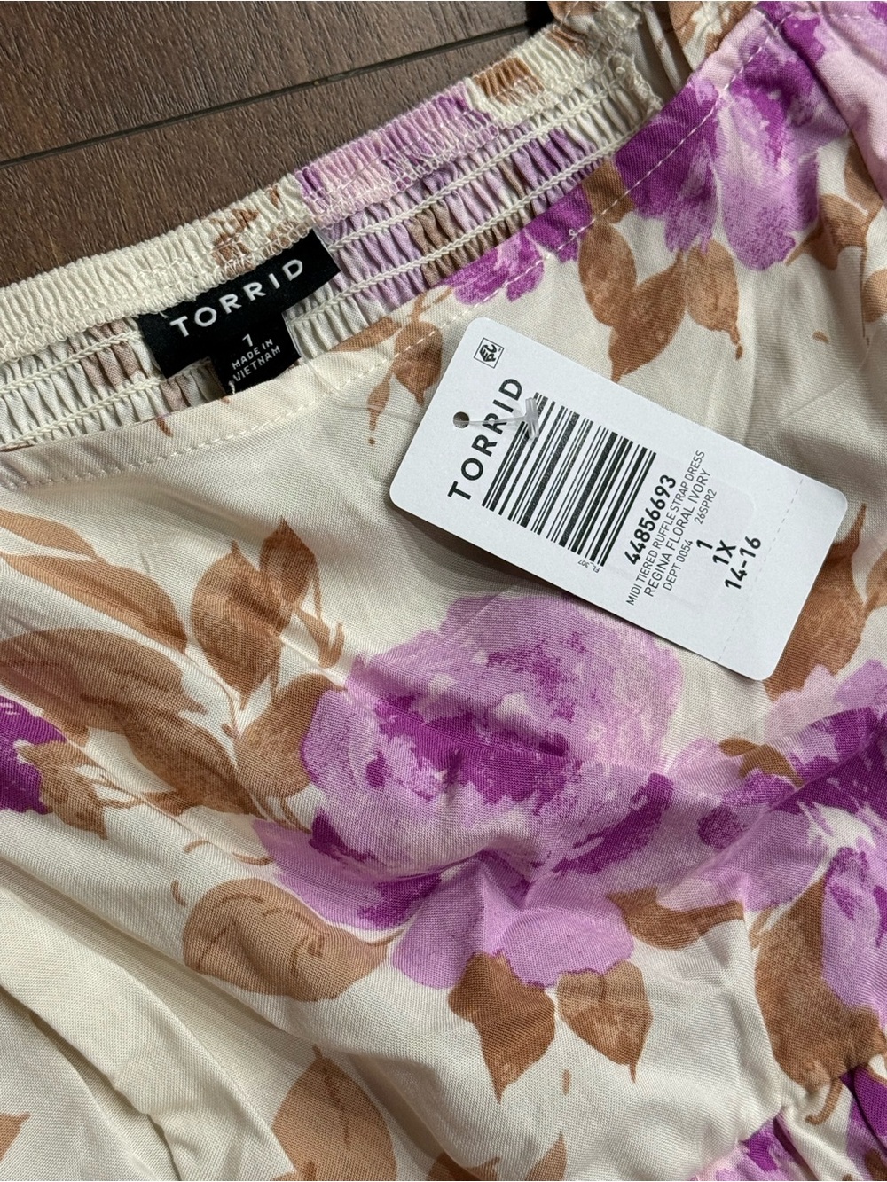 Torrid Cream Midi Dress with Purple Floral and Brown Leaf Print